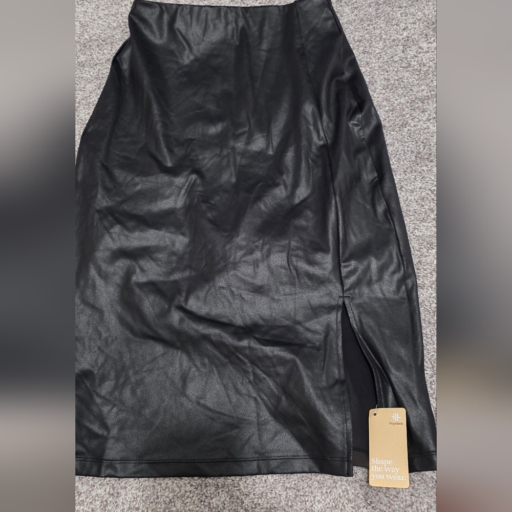 Faux Leather Black Pencil Skirt with Side Slit